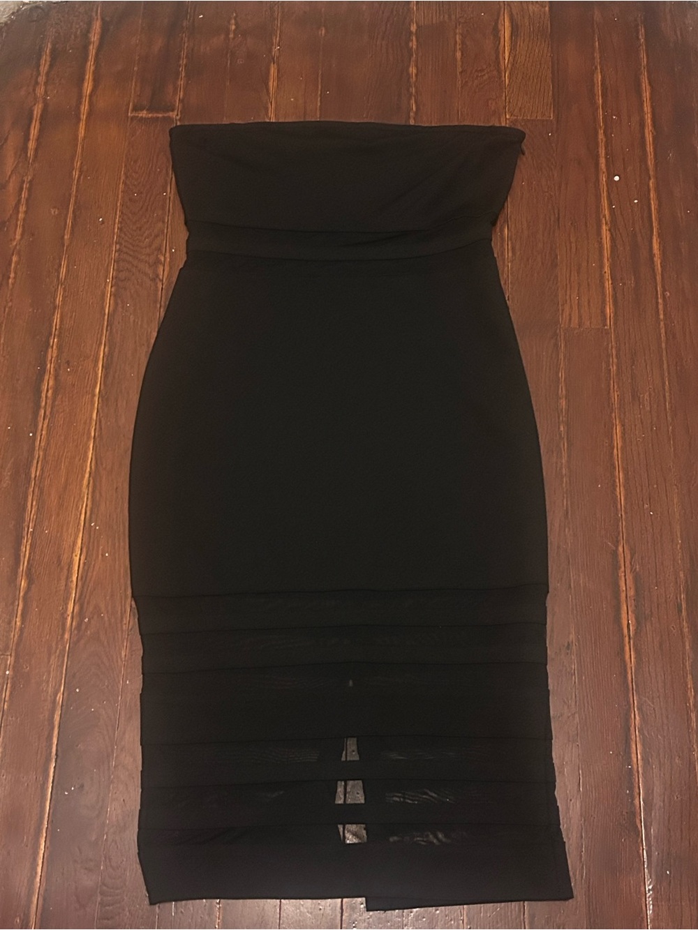 superdown Strapless Black Bodycon Midi Dress with Layered Hem